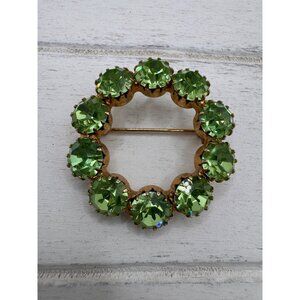Vintage Uranium Glass Rhinestone Circle Brooch Gold Tone Unsigned